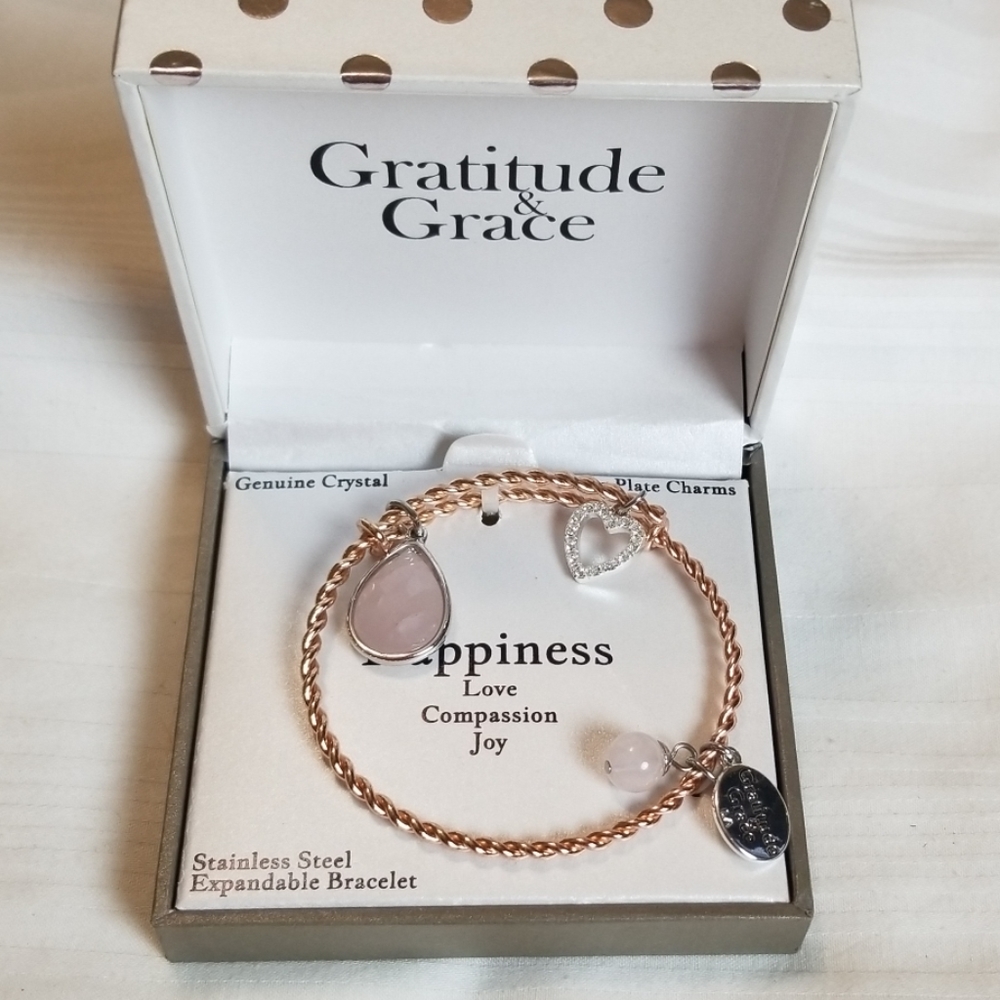 New Gold Happiness Genuine Rose Quartz Heart Sphere Teardrop Bracelet